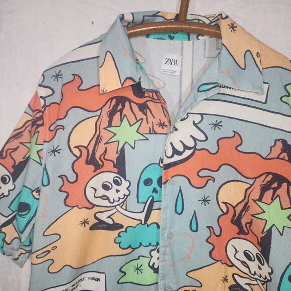 ZARA Mens sz M Multicolor Comic Printed Short Sleeve Button-Up Shirt - Picture 3 of 5
